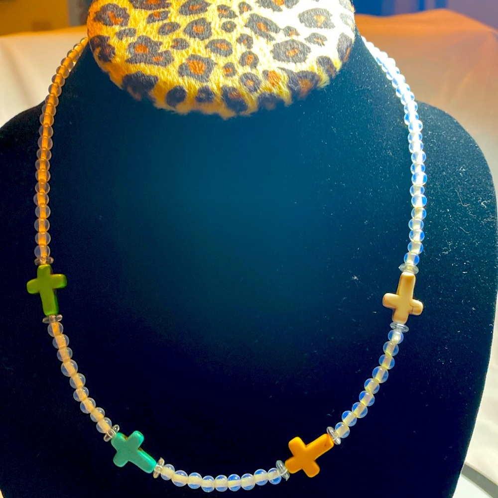 Hand Crafted 19” Cross and Bead Necklace. Toggle clasp.